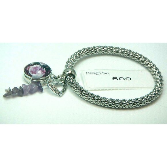 Amethyst Gemstone 5.5 mm dia. Stretch Bracelet 18 mm snap bead & charm-509 - Picture 4 of 7